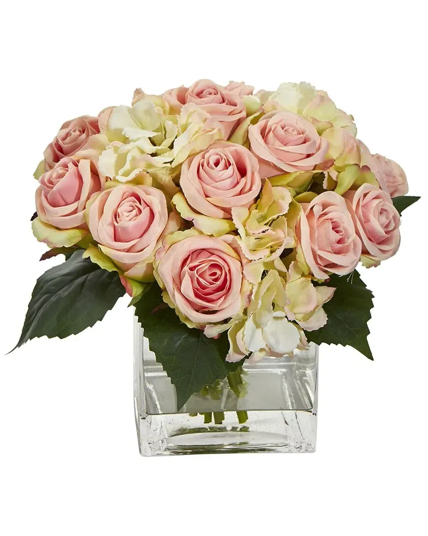 Rose and Hydrangea Bouquet Artificial Arrangement in Vase - Pink