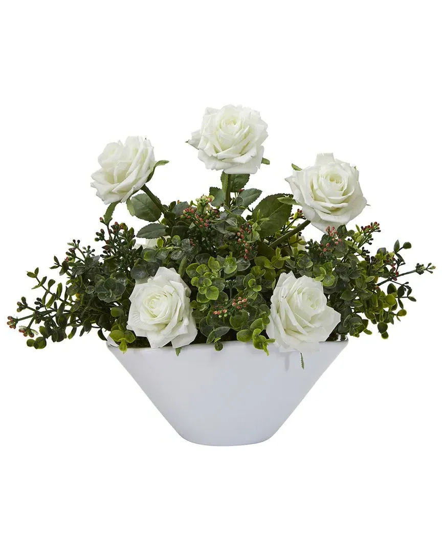 Roses & Eucalyptus Artificial Arrangement - White, Ceramic image