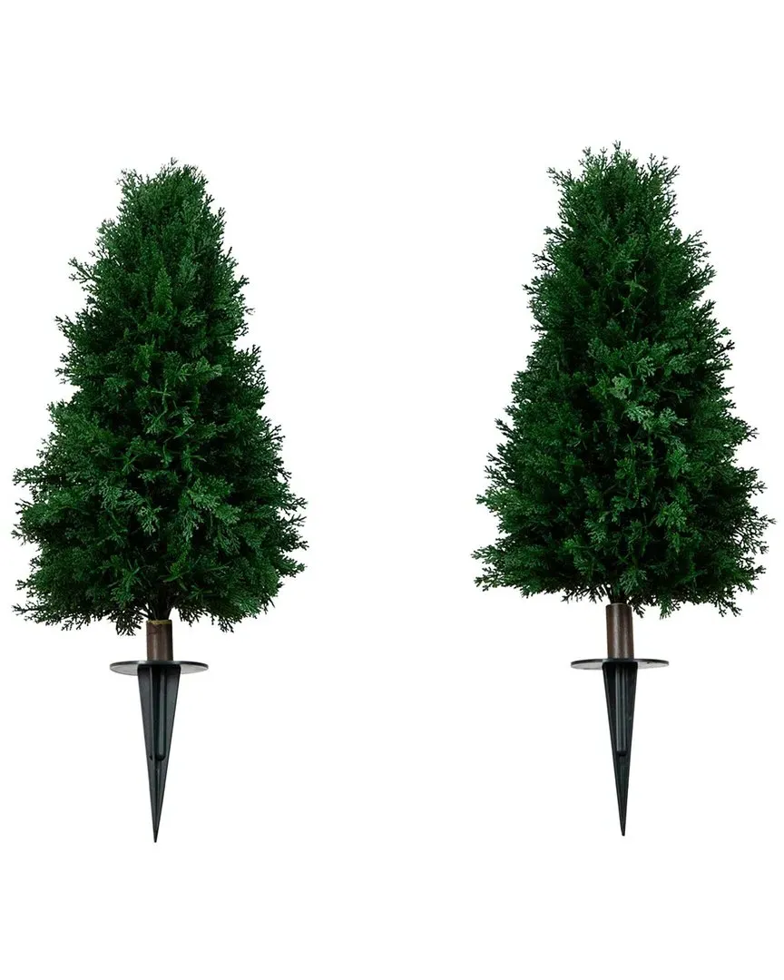 Set of 2 2.5ft Artificial Cedar Plants with Ground Stake - Green