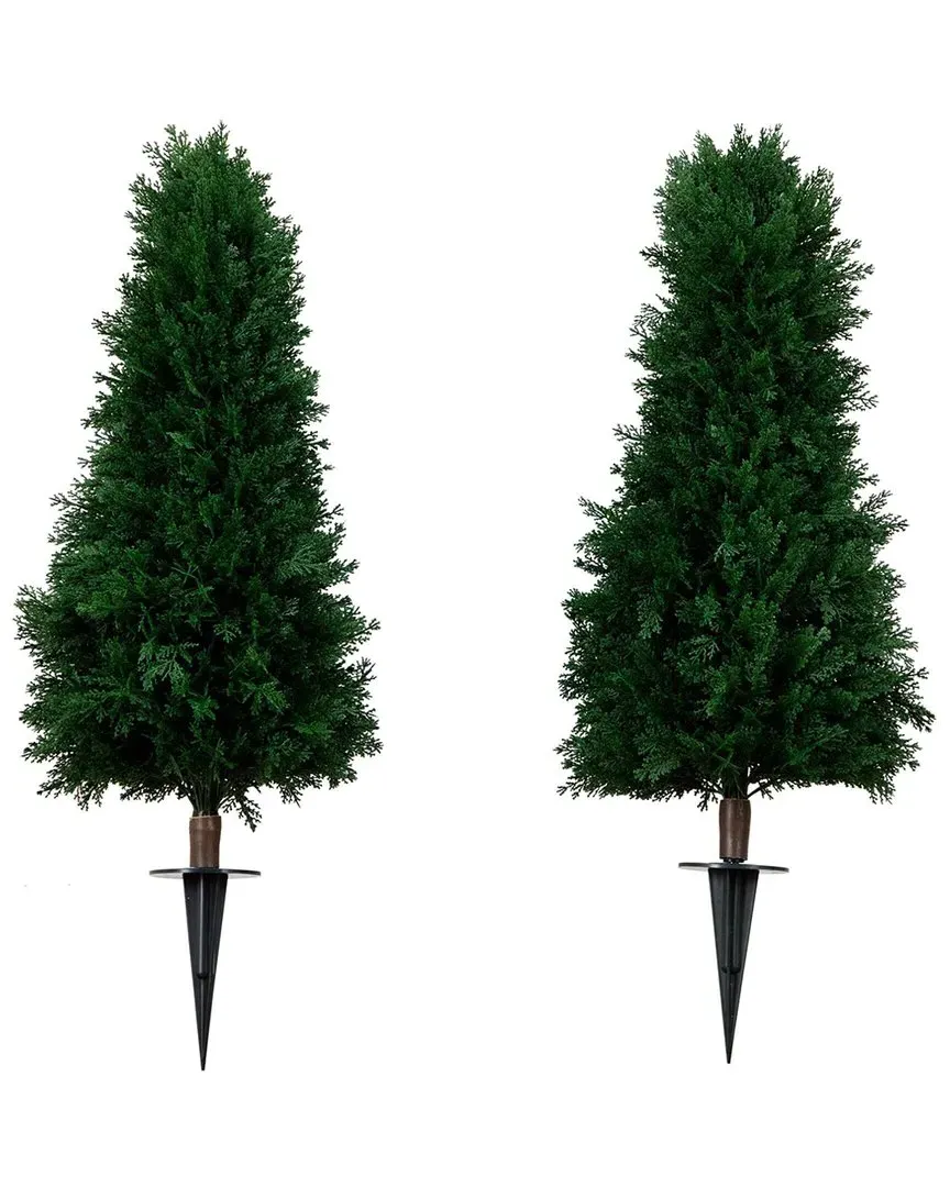 Set of 2 3ft UV-Resistant Artificial Cedar with Ground Stake - Green