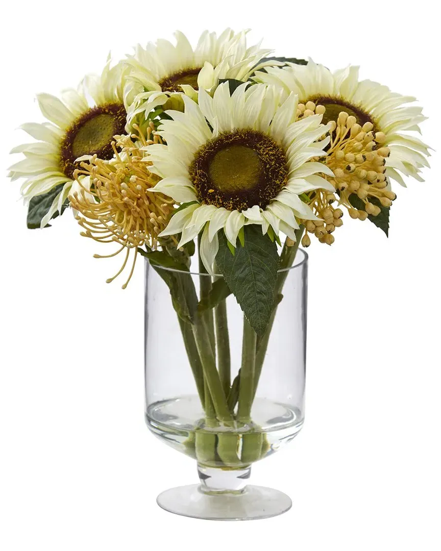 Sunflower & Sedum Artificial Arrangement - White, Glass Vase