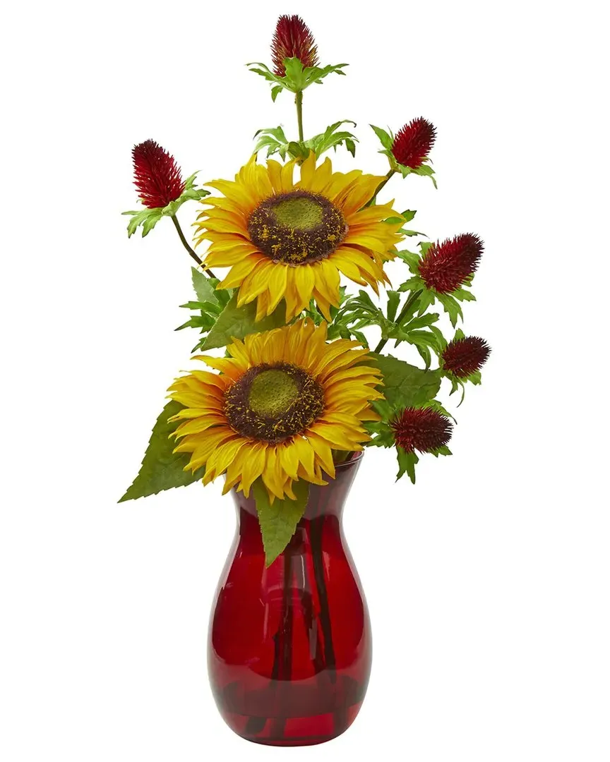 Sunflower & Thistle Artificial Arrangement - Yellow, Red Vase