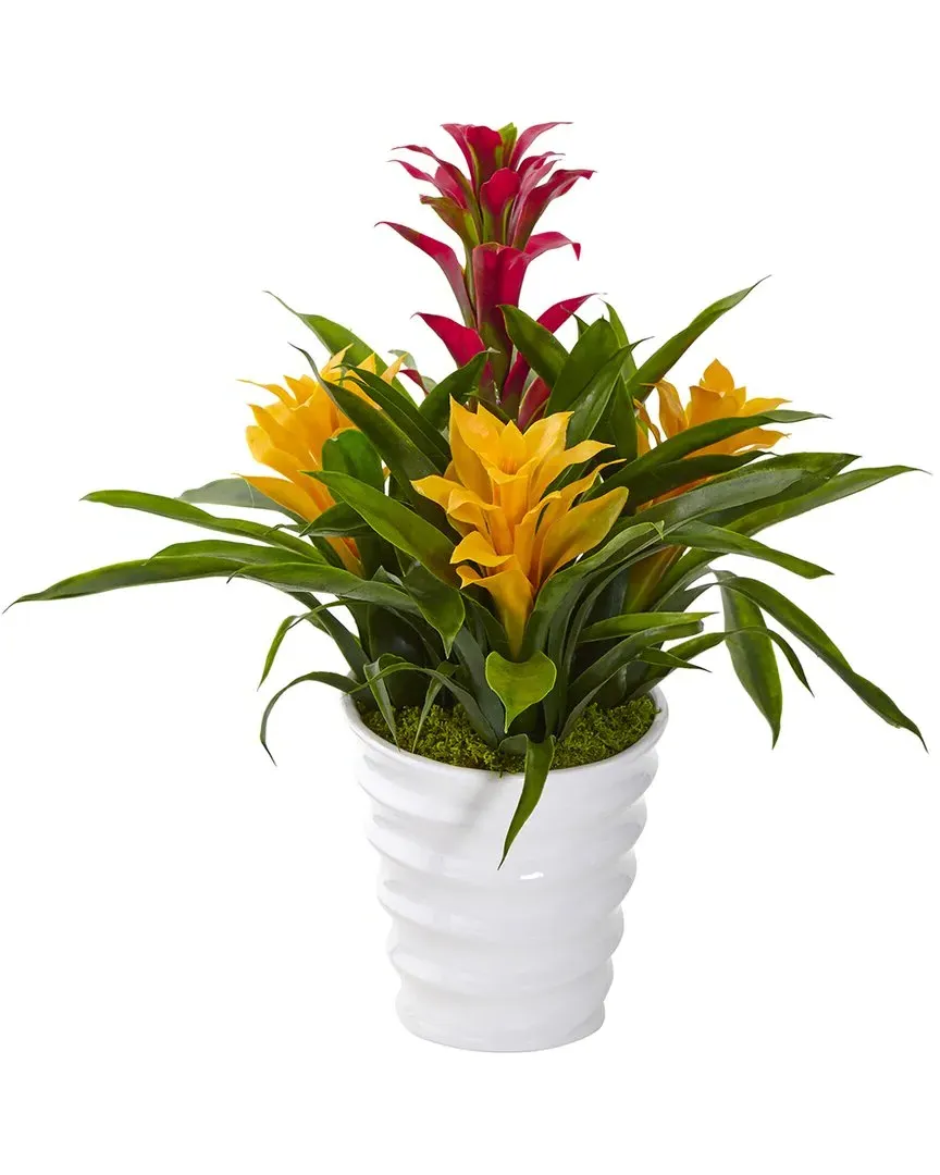 Tropical Bromeliad Artificial Plant in White Swirl Vase - Green image