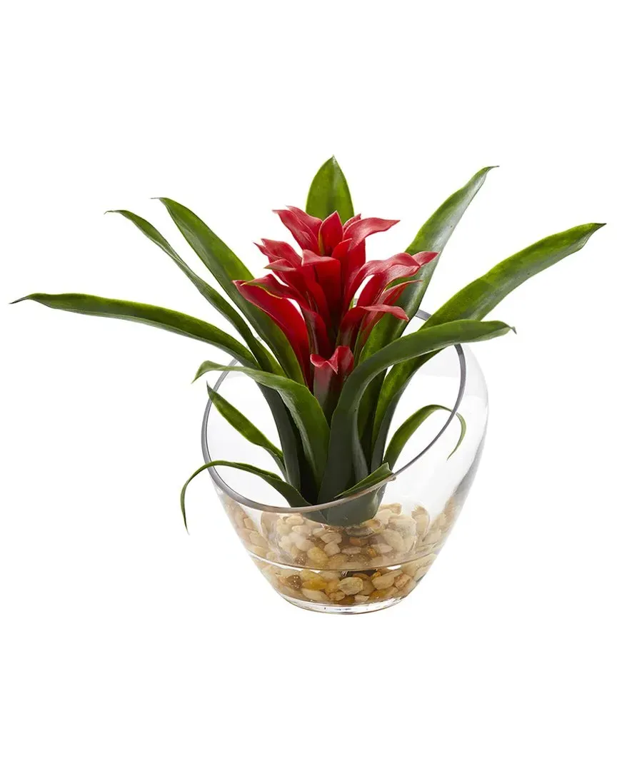 Tropical Bromeliad in Angled Vase Artificial Arrangement - Red