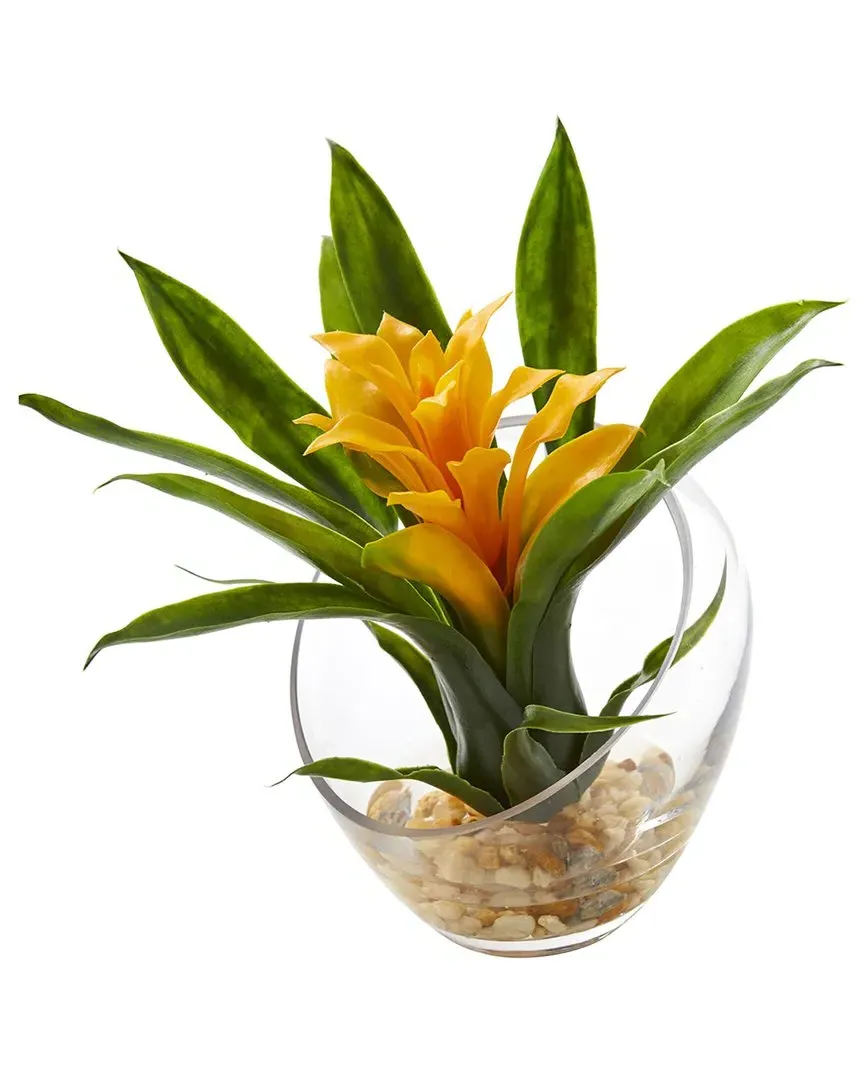 Tropical Bromeliad in Angled Vase Artificial Arrangement - Yellow