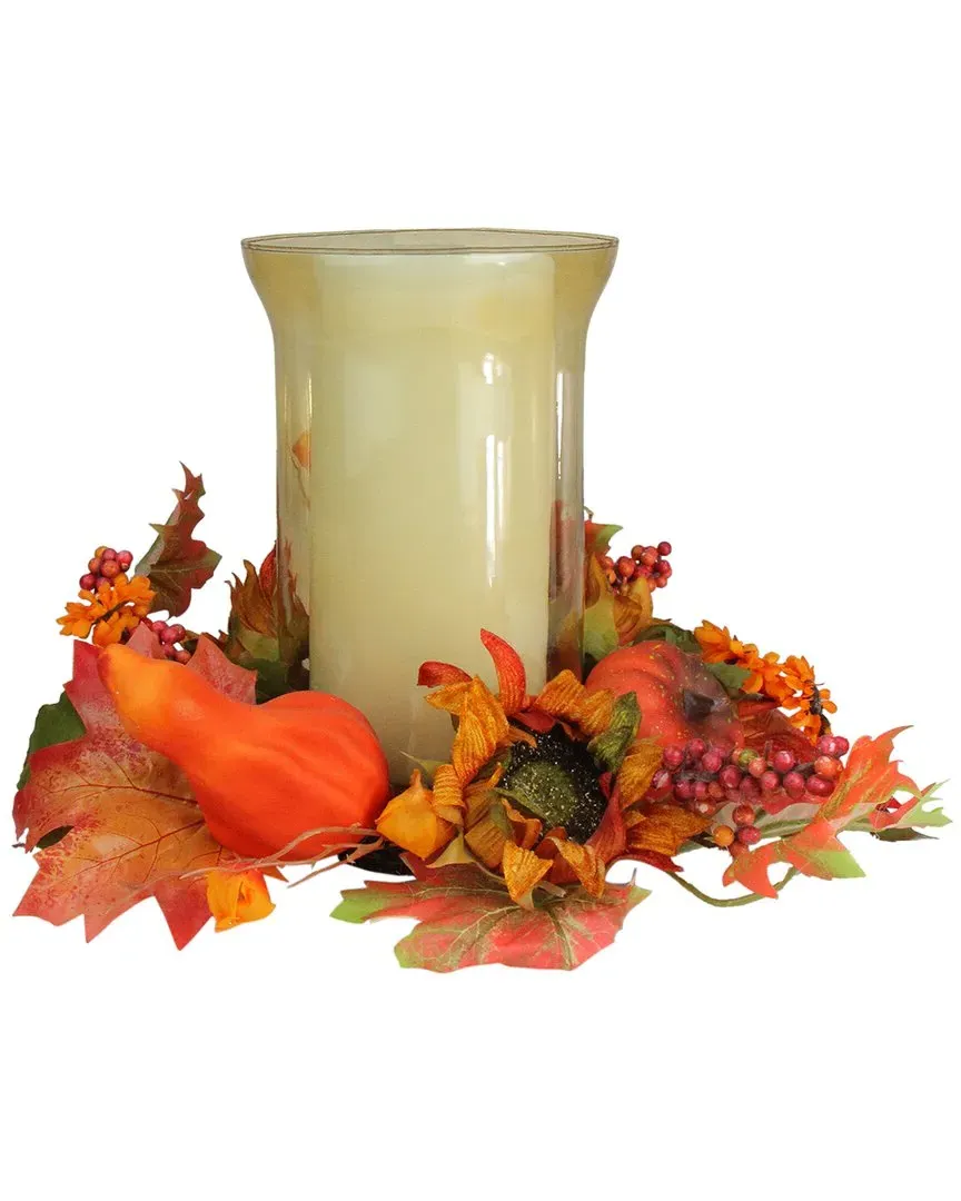 16in Artificial Fall Flowers & Pumpkins Pillar Candle Holder - Orange image