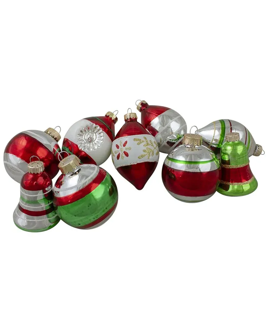 9Ct Striped 2-Finish Glass Christmas Ornaments - Silver, Red image