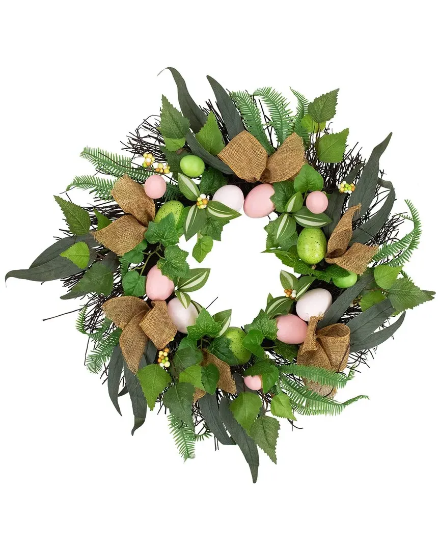 Easter Egg & Burlap Ribbon Mixed Foliage Twig Wreath - Green