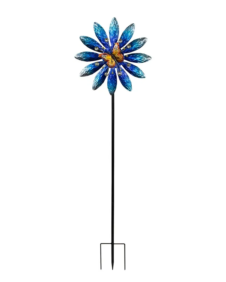 Flower with Butterfly Outdoor Pinwheel Garden Stake - Blue image