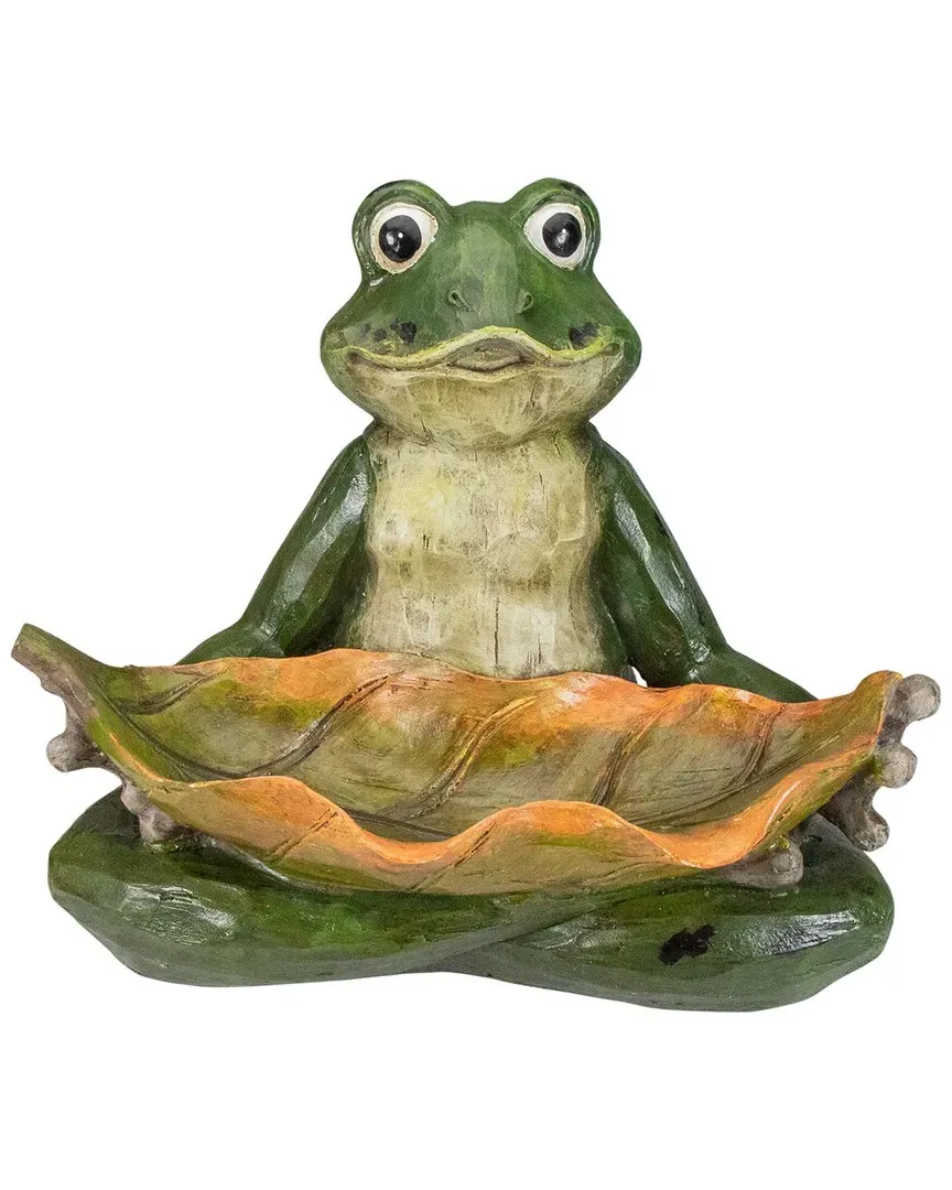Frog with Leaf Birdfeeder Garden Statue - Green, Polyresin image