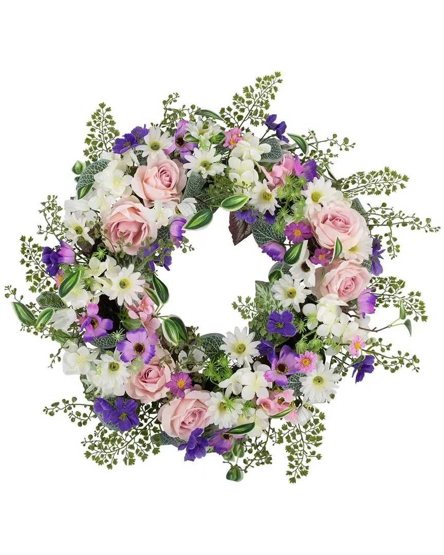 Mixed Floral & Fern Artificial Wreath - Green