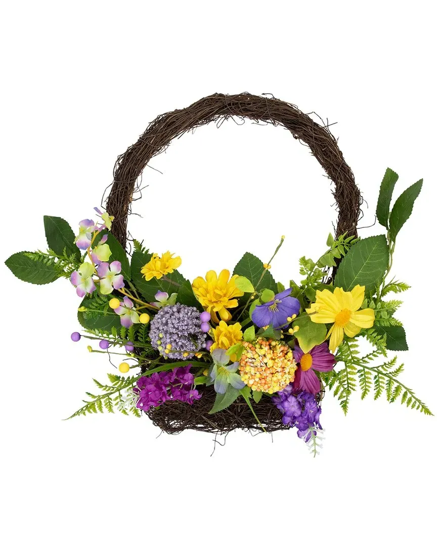 Mixed Wild Flower & Foliage Hanging Spring Wall Basket - Yellow image