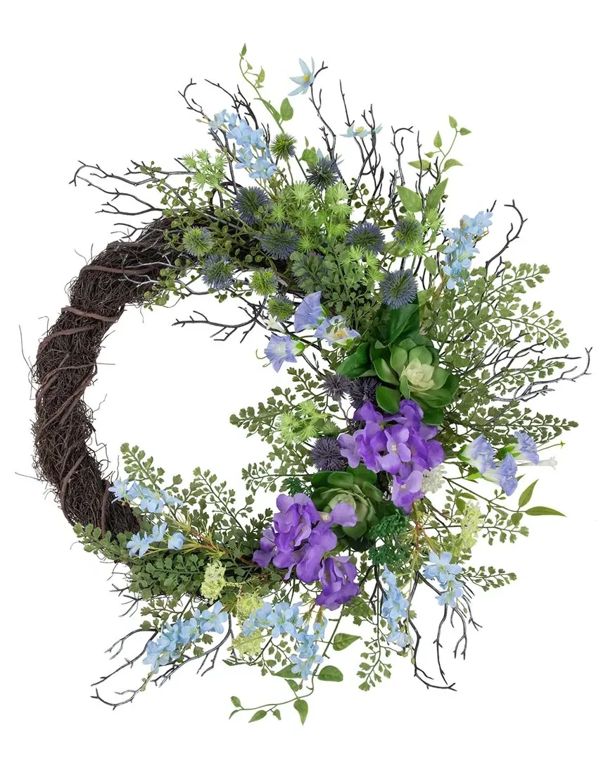 Mixed Wild Flowers & Twig Artificial Wreath - Blue