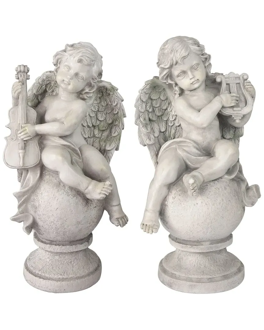 Set of 2 Cherub Angels Garden Statues with Violin & Harp - Gray image