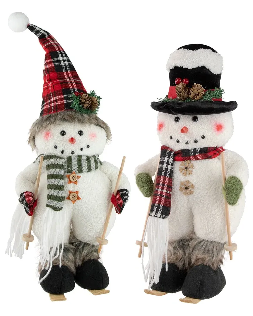 Set of 2 Skiing Snowmen Christmas Table Decorations - White