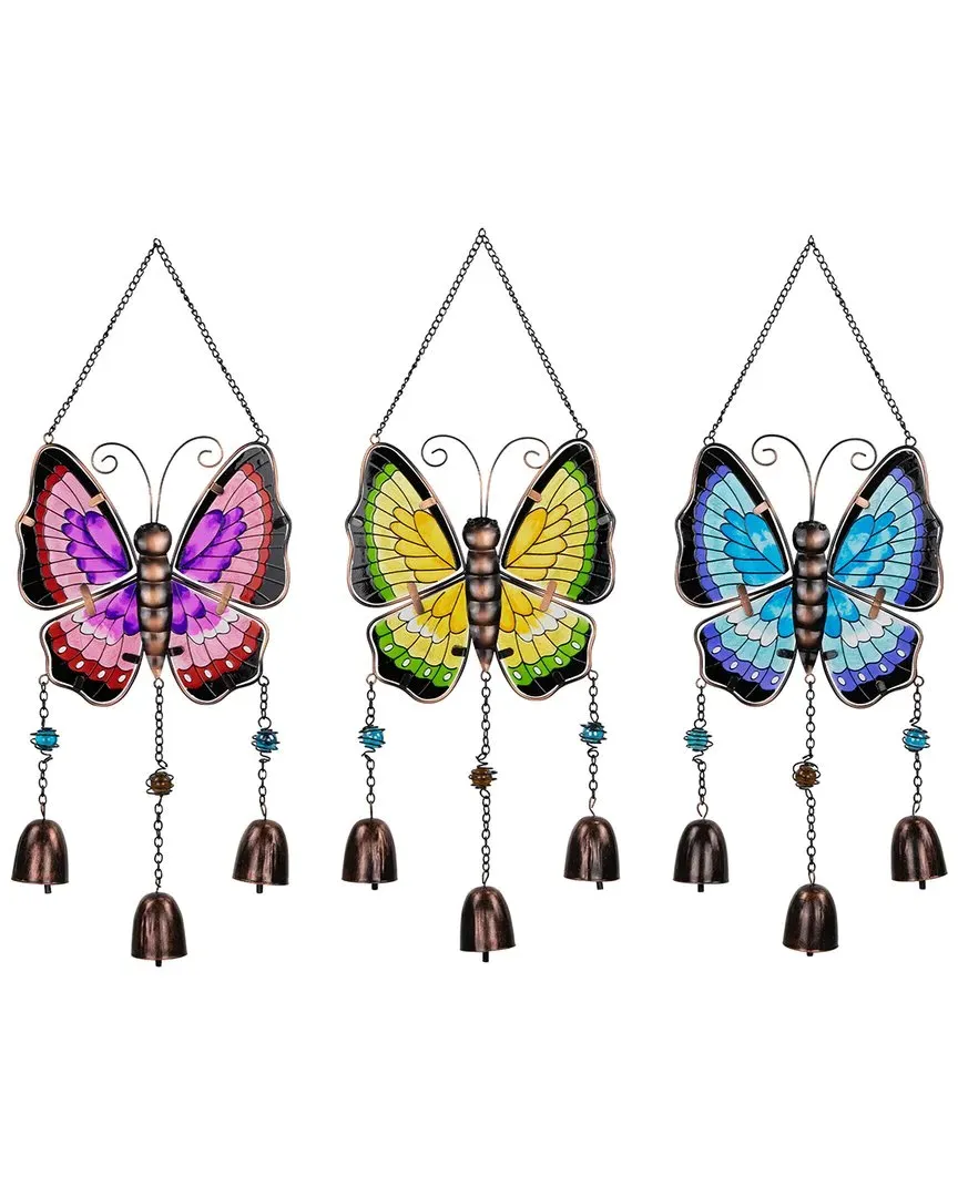 Set of 3 Butterfly Outdoor Garden Suncatcher Windchimes - Green