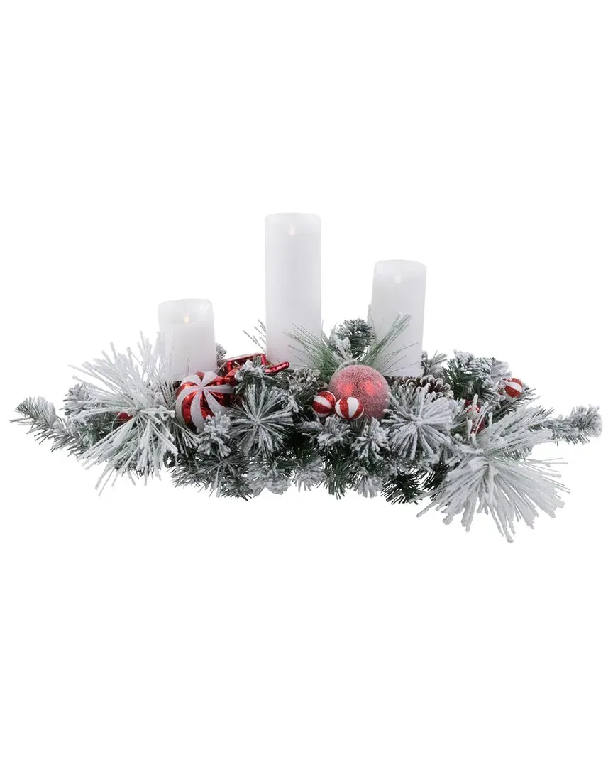 Triple Candle Holder with Flocked Pine - Red
