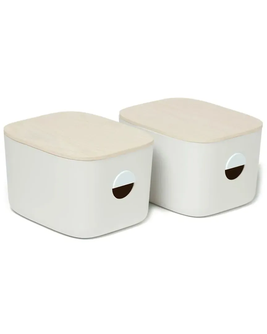 Set of 2 Medium Storage Bins with Lids - Cream, Wood image