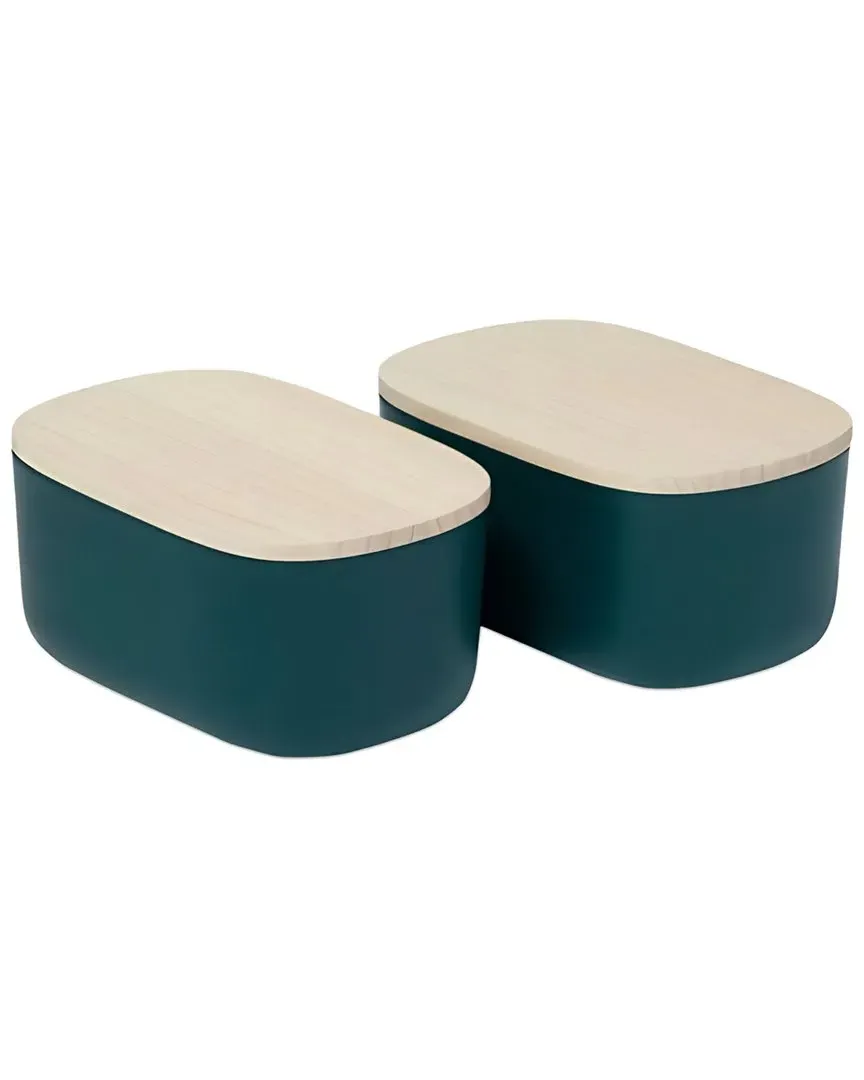Set of 2 Small Storage Bins with Lids - Dark Green, Wood