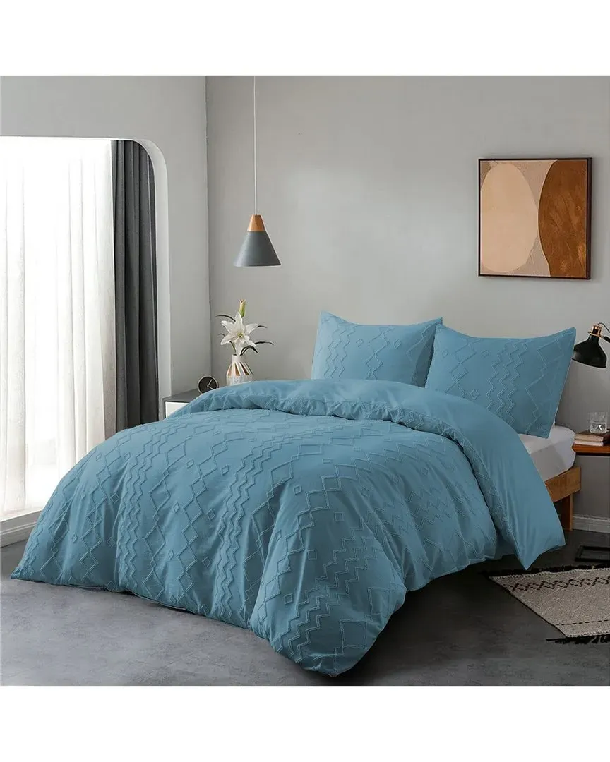 Clipped Jacquard Diamond Geometric Duvet Cover Set - Dark Blue