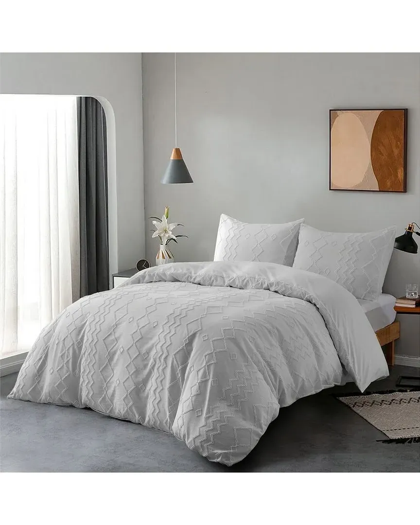 Clipped Jacquard Diamond Geometric Duvet Cover Set - Light Gray image