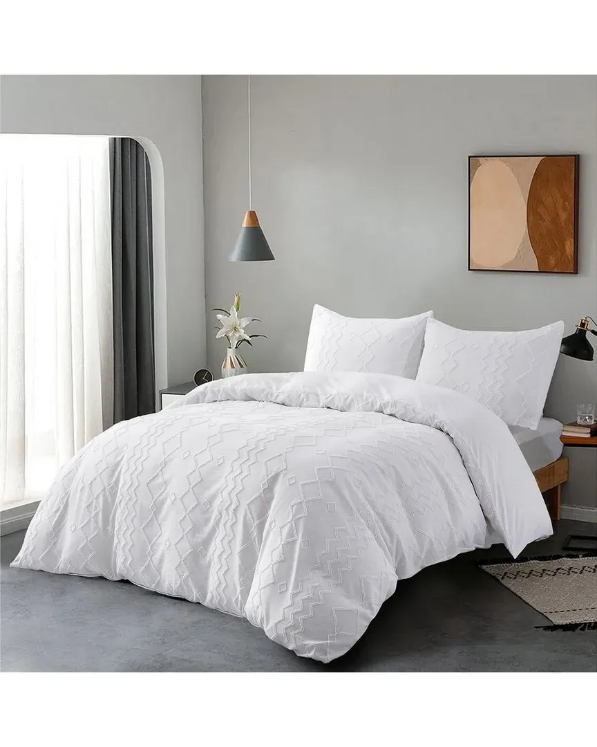 Clipped Jacquard Diamond Geometric Duvet Cover Set - White