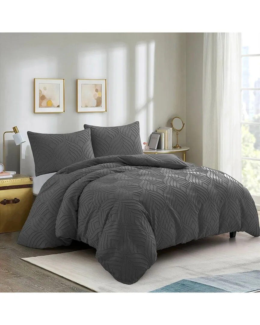 Clipped Jacquard Leaf Duvet Cover Set - Dark Gray image