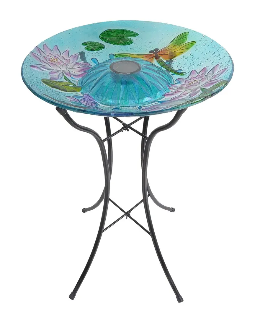 18in Hand Painted Dragonfly Solar Bird Bath - Multi-Color, Glass image