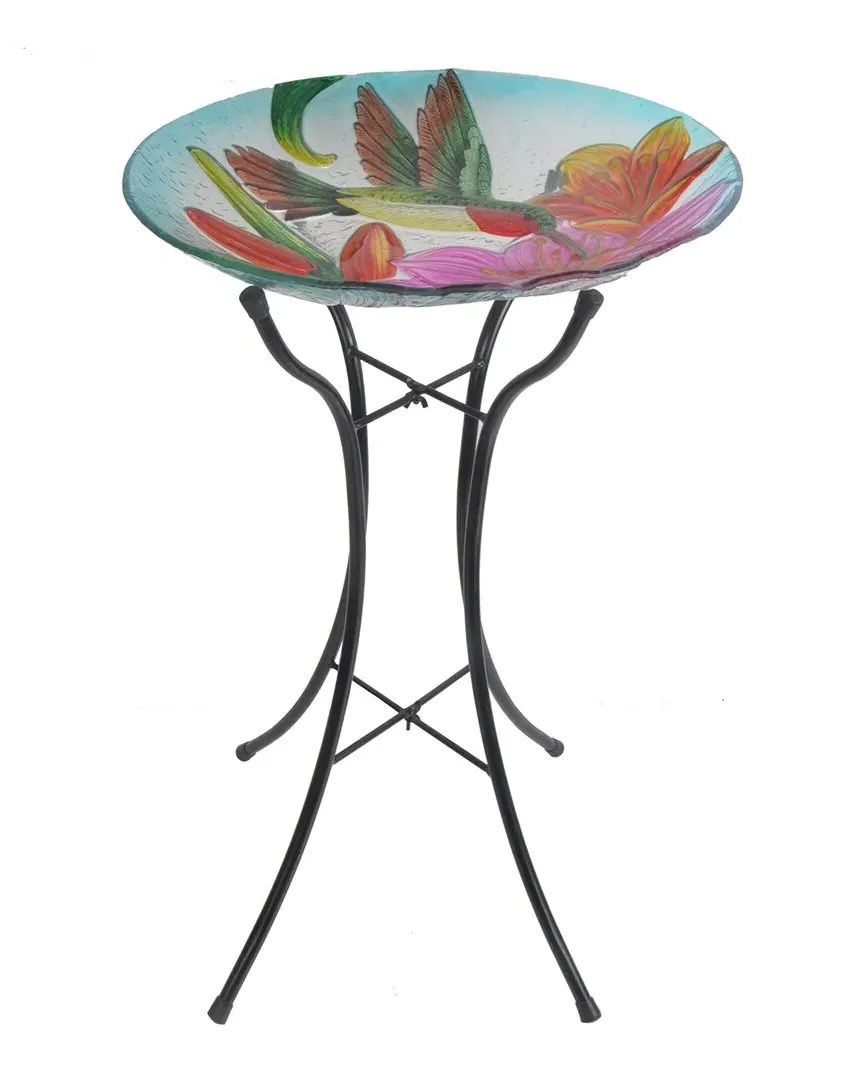 18in Hand Painted Hummingbird Bird Bath - Multi-Color, Glass