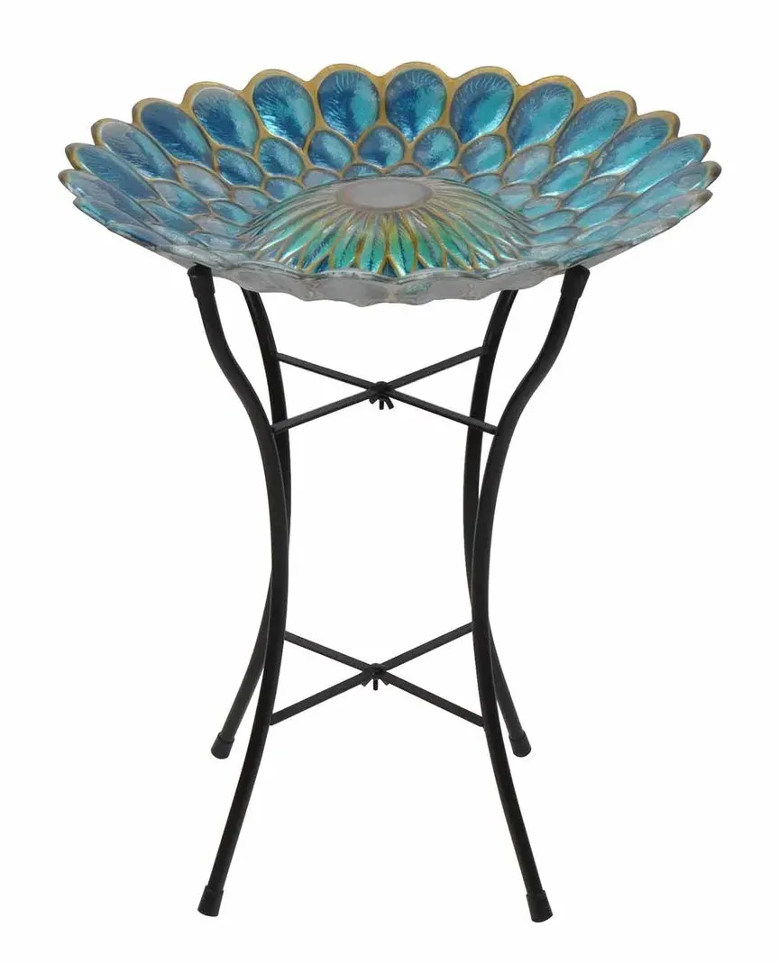 18in Solar Hand Painted Mosaic Bird Bath - Blue, Glass