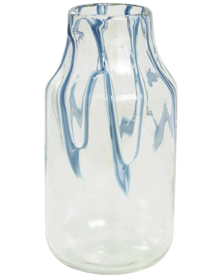 Abstract Glass Vase with Wavy Blue Design - Cream