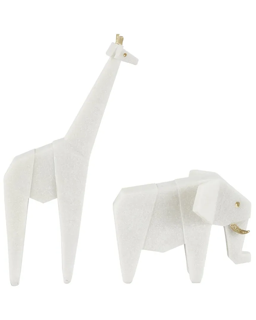 Elephant & Giraffe Sculpture Set with Gold Accents - White, Polystone