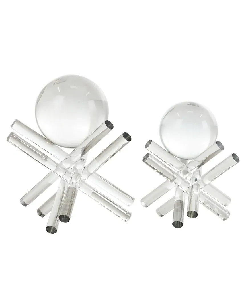 Set of 2 Abstract Crystal Jack & Orb Sculptures - Clear
