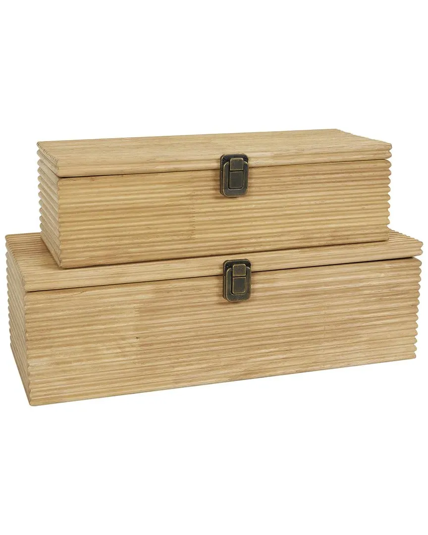 Set of 2 Carved Linear Boxes - Light Brown, Pine image