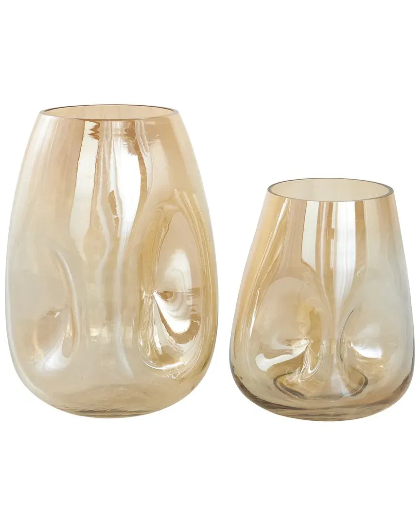 Set of 2 Concaved Iridescent Vases - Gold, Glass
