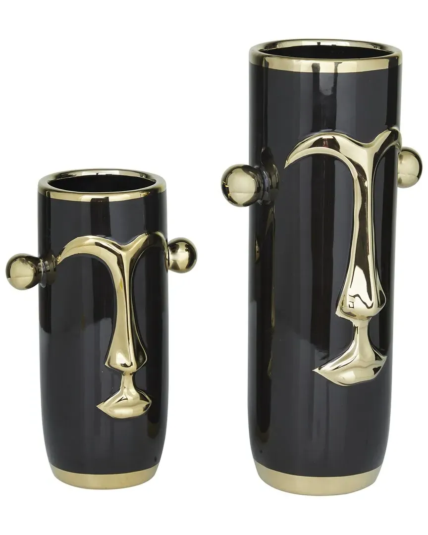Set of 2 Face Abstract Decorative Vases - Black, Stoneware