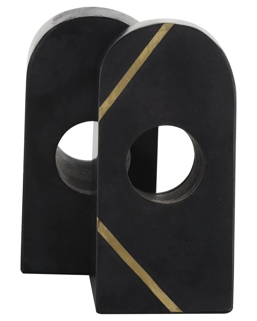 Set of 2 Geometric Curved Pyramid Bookends - Black, Marble image