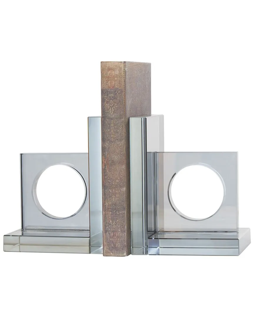 Set of 2 Geometric Square Bookends with Circle Cut Outs - Silver, Crystal