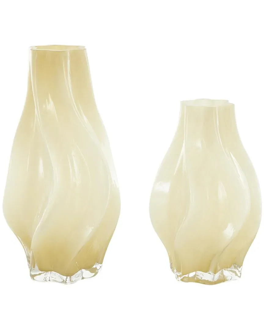 Set of 2 Glass Wavy Ombre Decorative Vases - Yellow