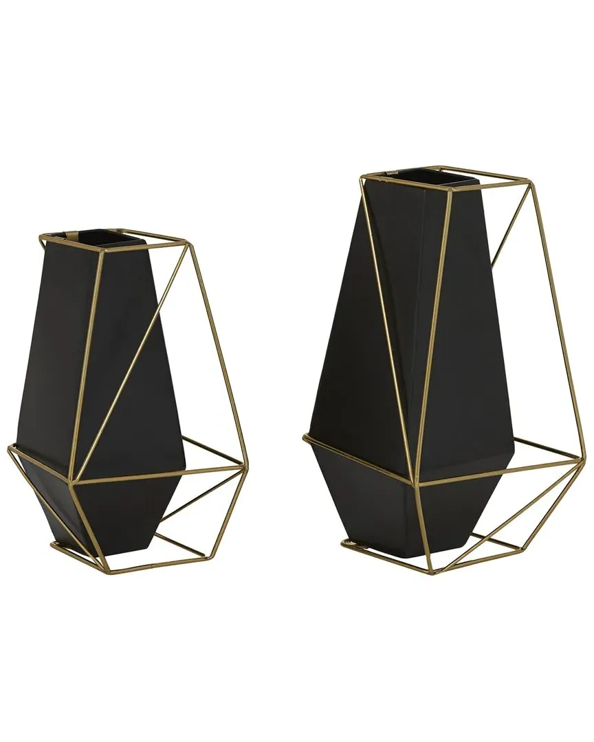 Set of 2 Iron Vases with Wire Accents - Black