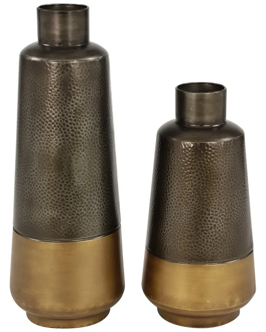 Set of 2 Metal Decorative Vases with Gold Base - Dark Gray