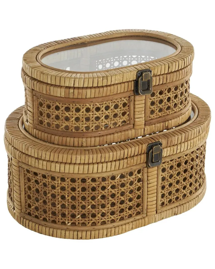 Set of 2 Oval Rattan Handmade Wrapped Boxes - Brown