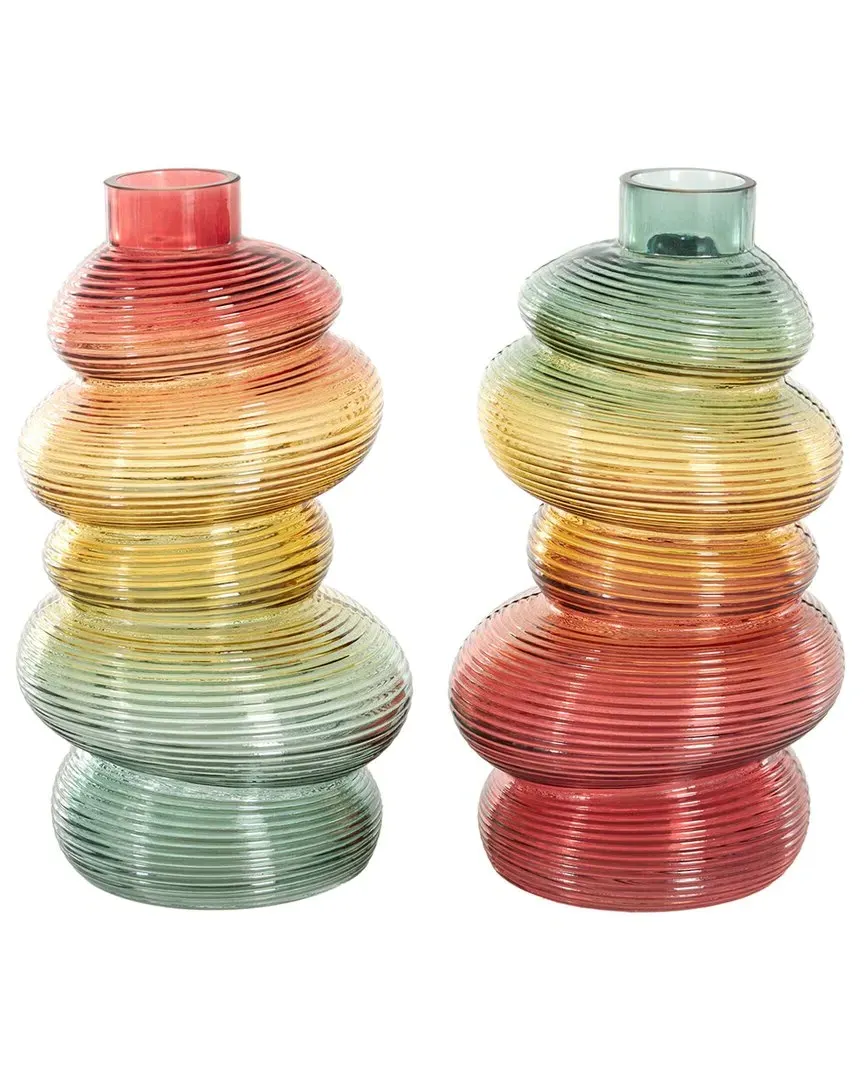 Set of 2 Ribbed Stacked Stones Vases - Multicolor, Glass