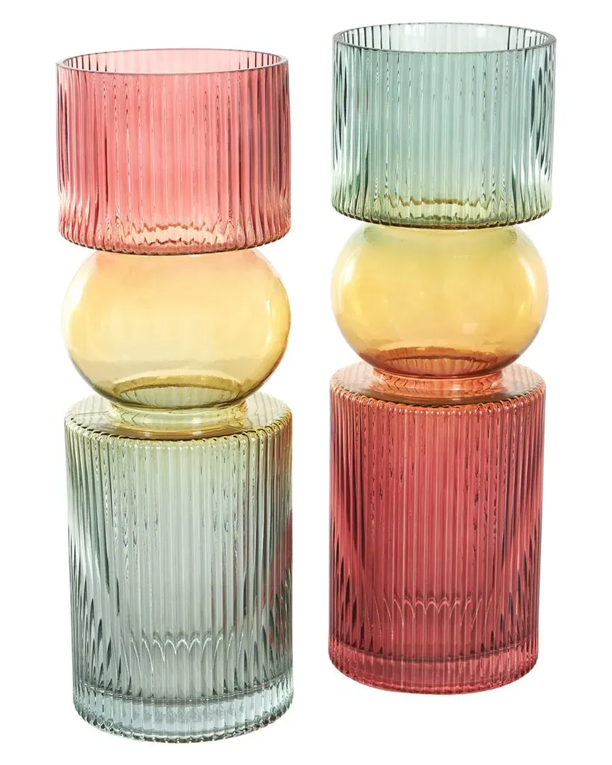 Set of 2 Ribbed Vases - Multicolor, Glass image