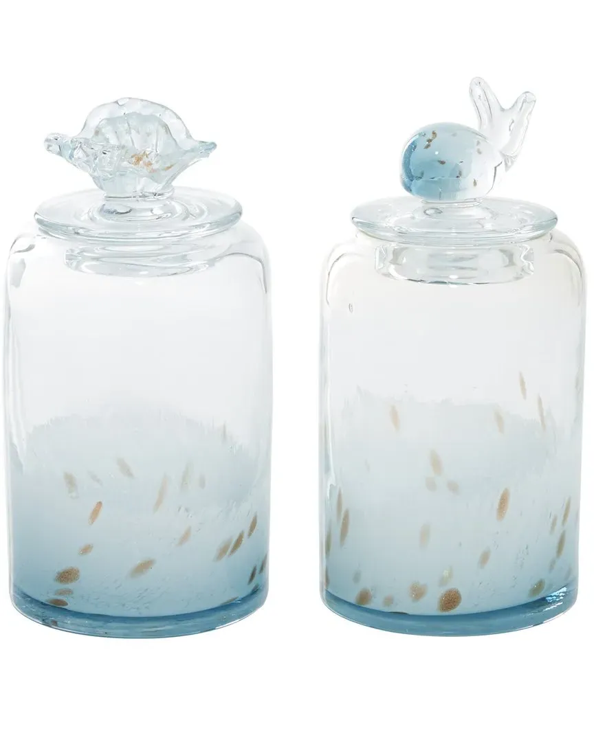 Set of 2 Sea Life Decorative Jars with Lids - Blue, Glass