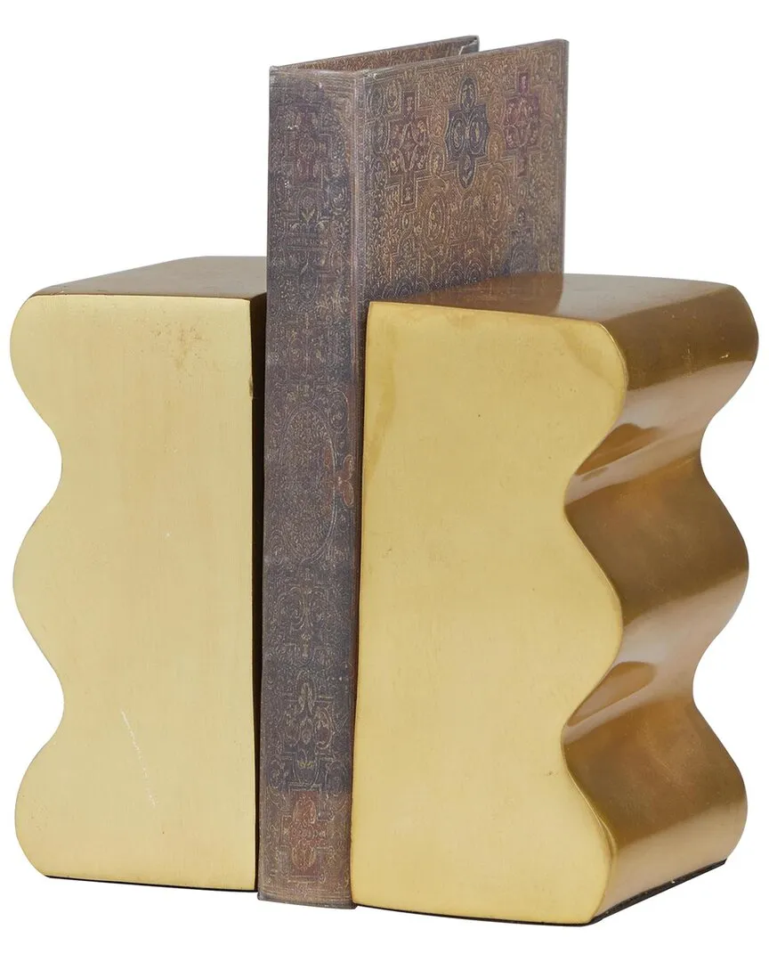 Set of 2 Wave Inspired Decorative Bookends - Gold, Aluminum