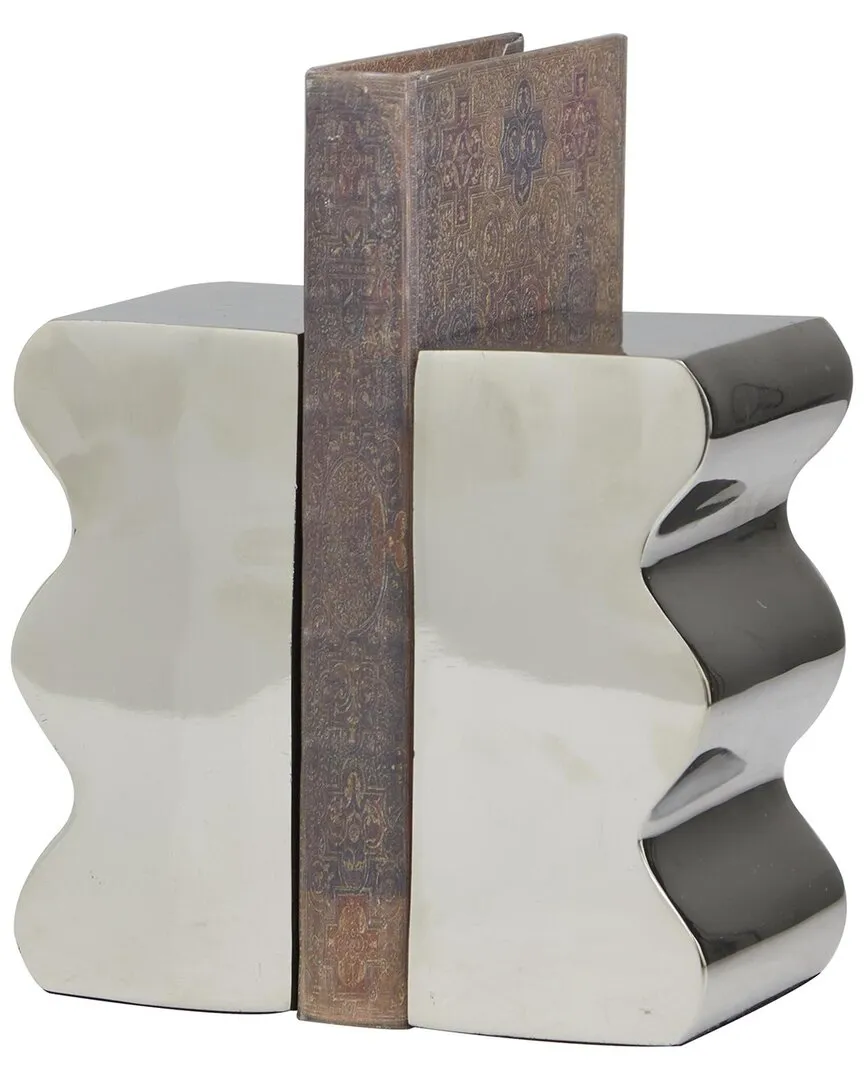 Set of 2 Wave Inspired Decorative Bookends - Silver, Aluminum