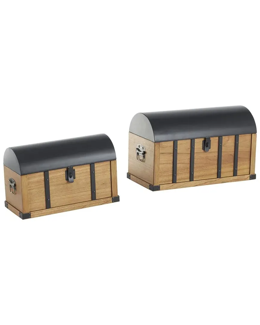 Set of 2 Wooden Storage Trunks with Metal Tops - Brown, MDF image