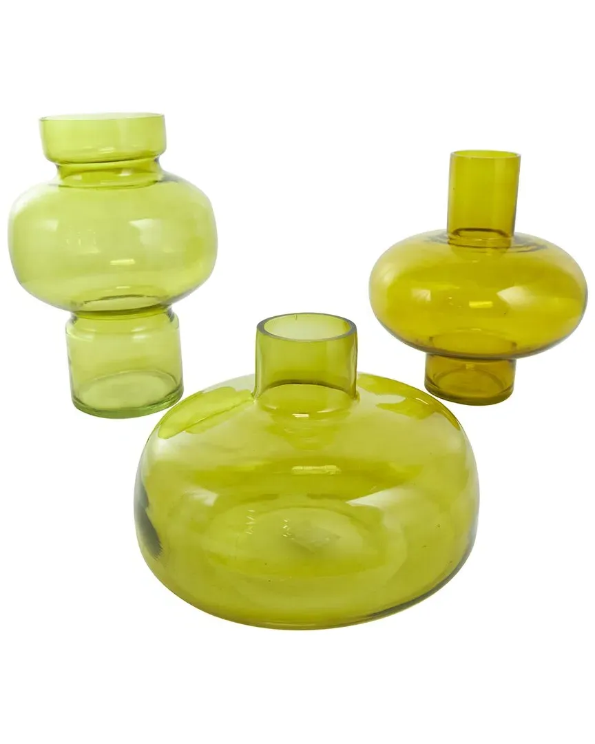 Set of 3 Green Glass Round Decorative Vases