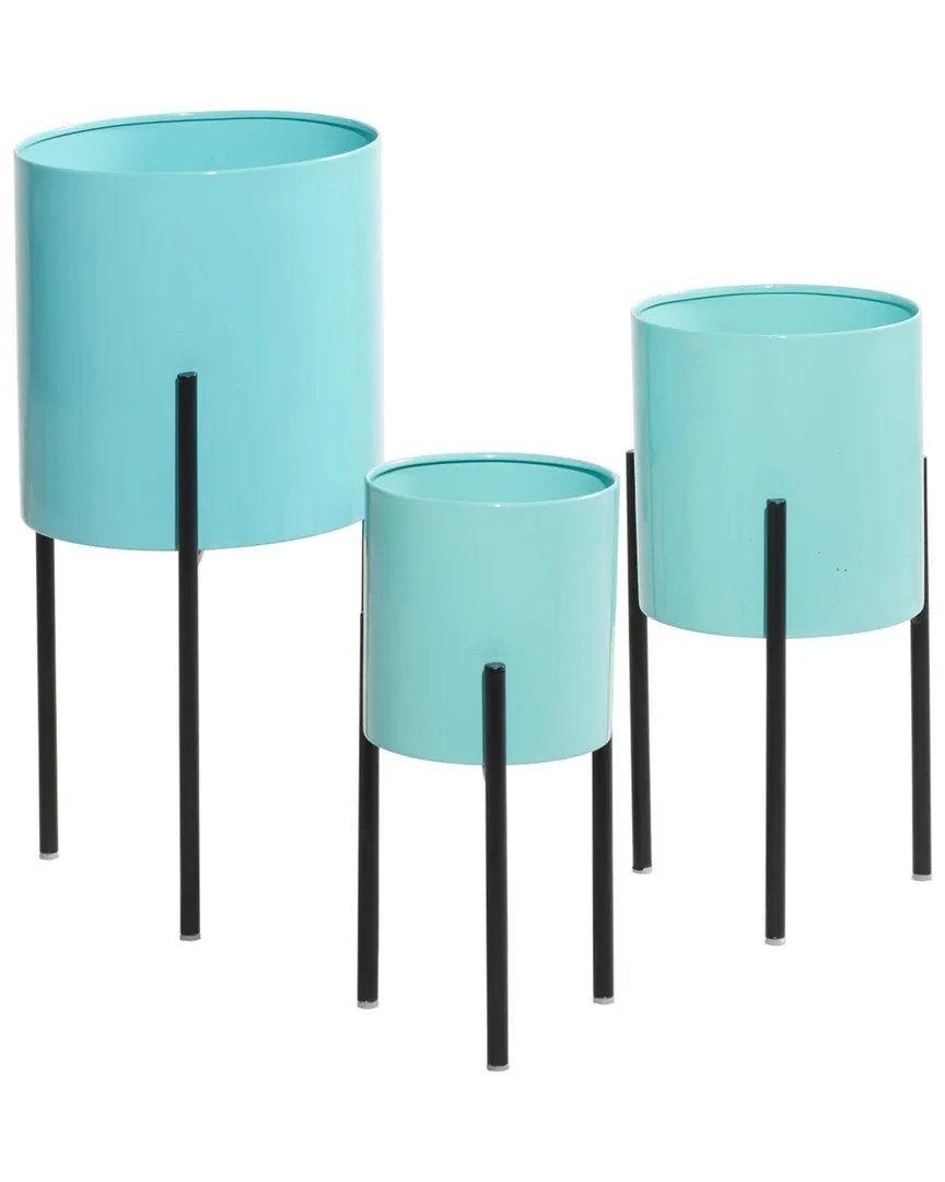 Set of 3 Metal Planters with Stand - Teal, Iron